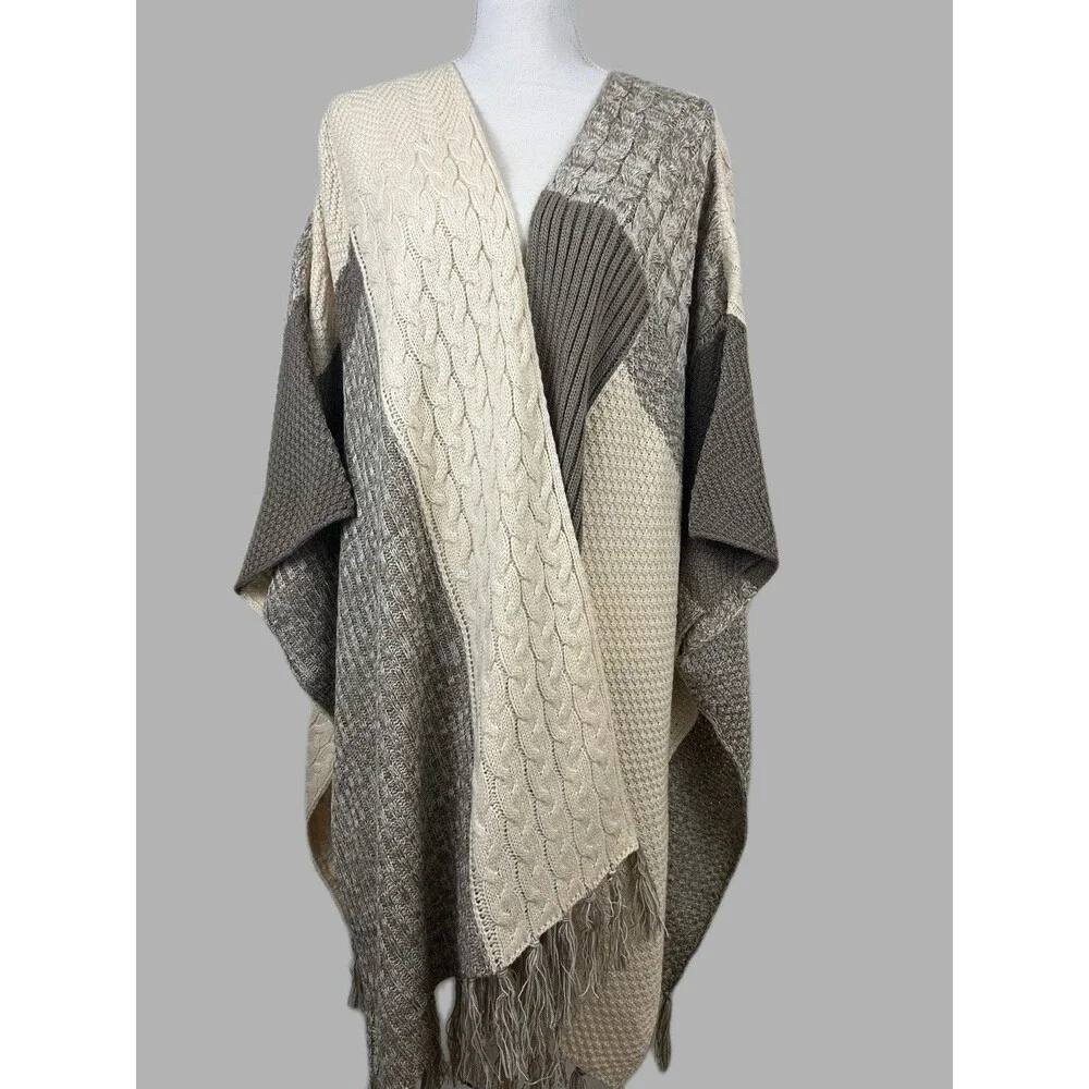 Knox Rose Womens XXL Colorblock Cable Knit Open Fringe Poncho Cardigan